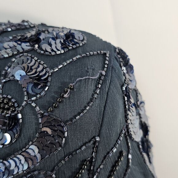 PAPELL Boutique Evening Navy Sequin Beaded Silk Scalloped Hem Blouse Top Size M - Picture 5 of 12